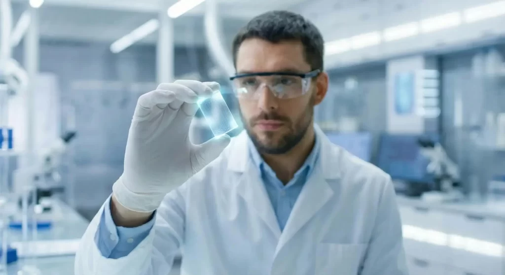 Scientist examining an advanced material sample.