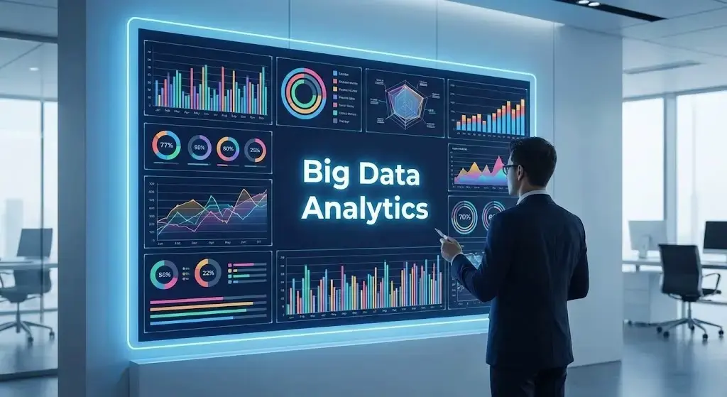 Analyst reviewing charts on a Big Data Analytics screen.