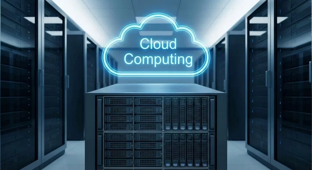 Server racks representing Cloud Computing data storage.