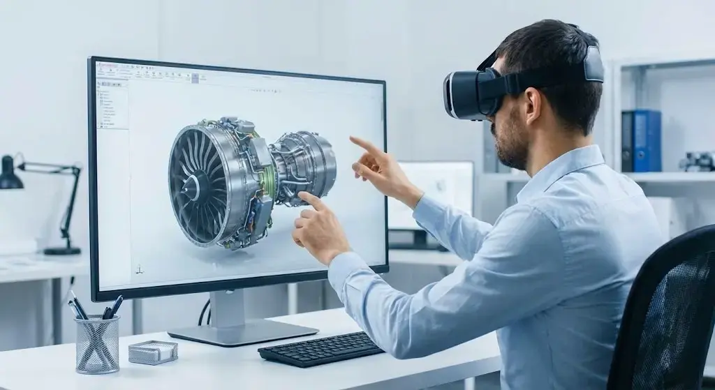 Engineer using VR for a 3D engine simulation.